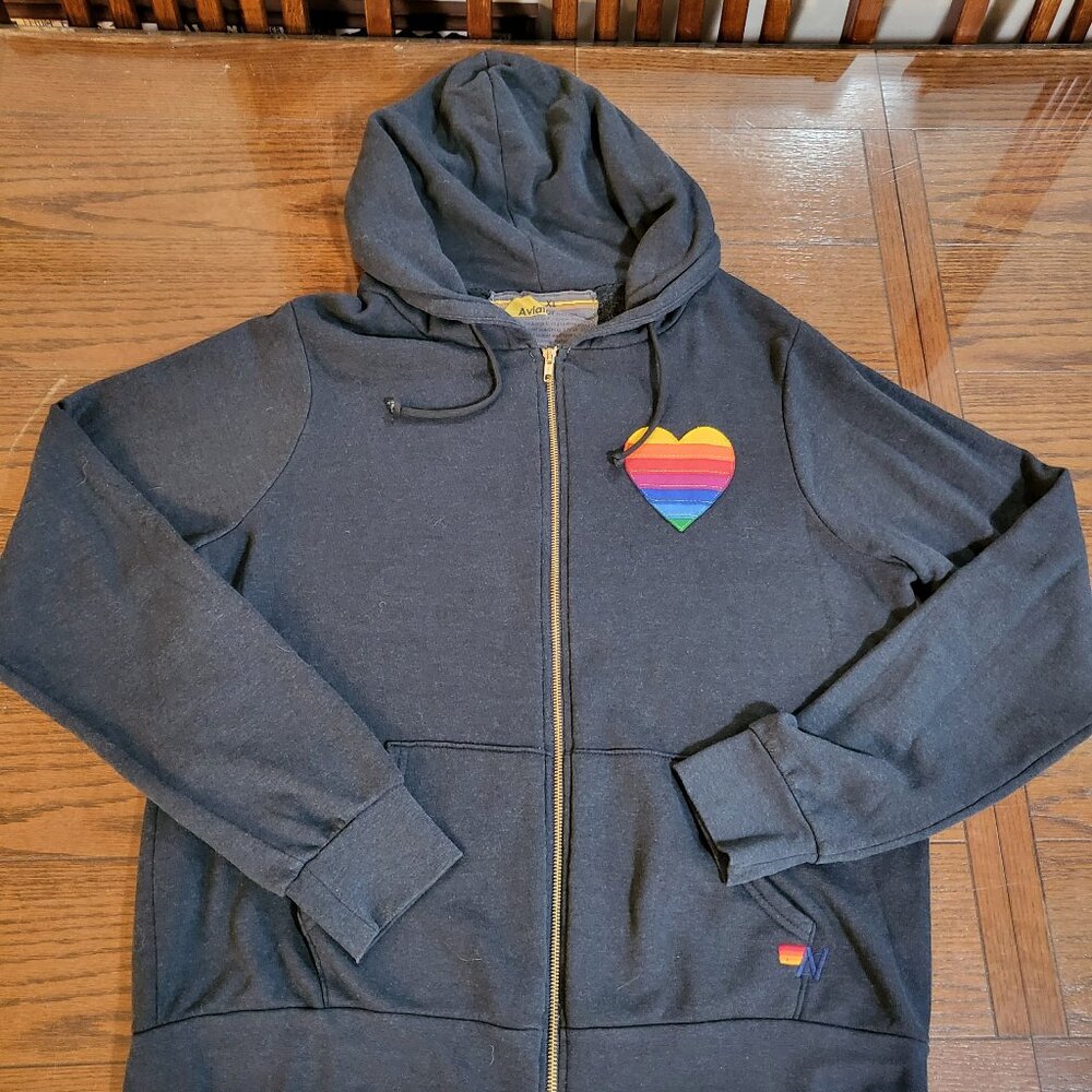 Aviator Nation RAINBOW HEART STITCH ZIP HOODIE - CHARCOAL XL